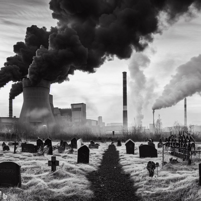 coal power plant with thick black smoke and graveyard, black and white created with Microsoft Bing Image Creator